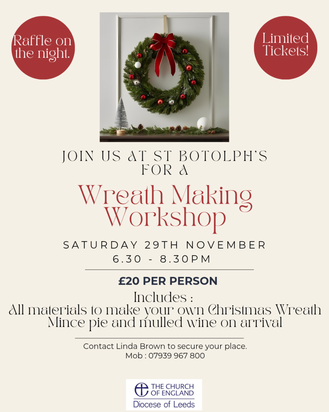 Wreath making workshop, Saturday 29th November ,6.30 - 8.30 pm